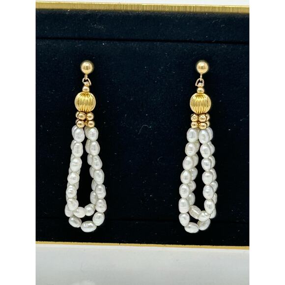 IPS 14K Gold Beads and Pearls Dangling Earrings - Picture 1 of 8